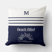 Monogram Navy Blue Nautical Stripes Beach House クッション (正面)