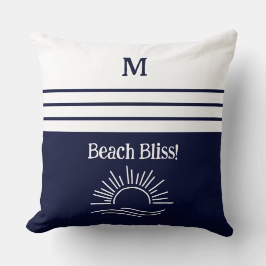 Monogram Navy Blue Nautical Stripes Beach House クッション (正面)