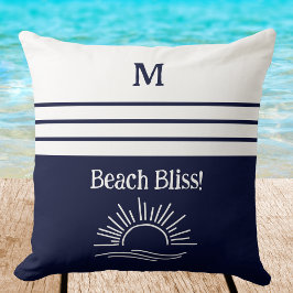 Monogram Navy Blue Nautical Stripes Beach House クッション