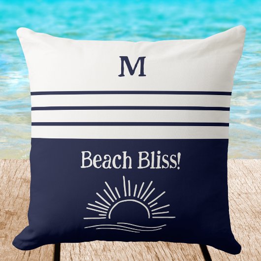 Monogram Navy Blue Nautical Stripes Beach House クッション