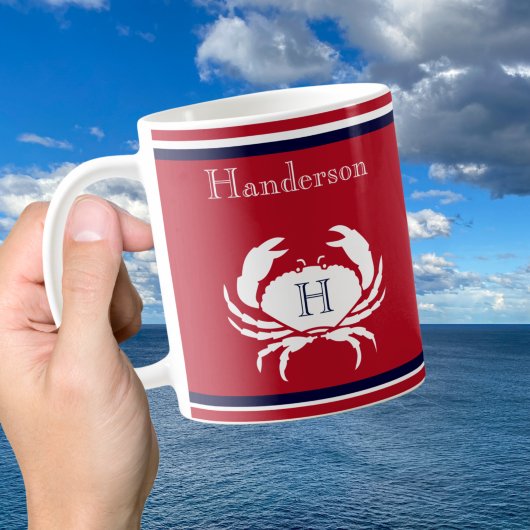 Monogram Navy Blue Red  White Crab Nautical Coffee コーヒーマグカップ