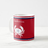 Monogram Navy Blue Red  White Crab Nautical Coffee コーヒーマグカップ (正面左)