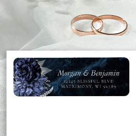 Monogram Navy Blue Silver Floral Return Address ラベル