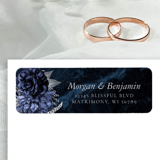 Monogram Navy Blue Silver Floral Return Address ラベル