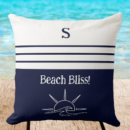 Monogram Navy Blue Stripes Nautical Beach House クッション