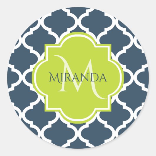 Monogram Navy Greenクローバーと名前 ラウンドシール (正面)