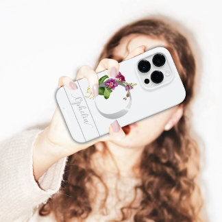 Monogram O銀文字の名前ピンク蘭ホワイト Case-Mate iPhone 14 Proケース