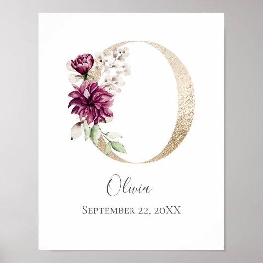 Monogram O Pink White Floral Gold Letter Nursery ポスター (正面)