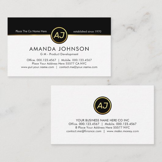 Monogram One Gold Line Black White Layers 名刺 (正面/裏面)