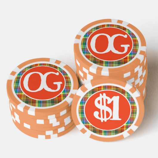 Monogram Orange Plaid Personalized Colorful ポーカーチップ (積み重ね)