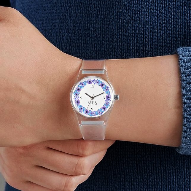 Monogram, Pansies Purple and Blue Clear Silicone 腕時計 (クリエイターアップロード済み)