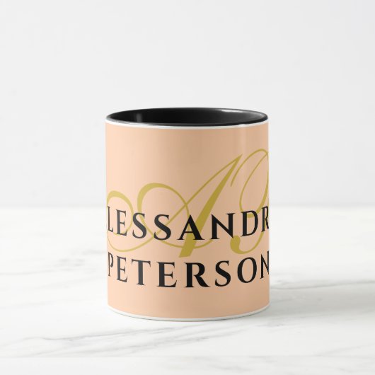 Monogram Peach Gold Black Name Minimalist Stylish  マグカップ (中央)