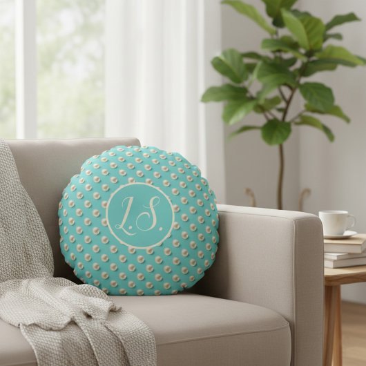 Monogram Pearl & Turquoise Round Pillow ラウンドクッション