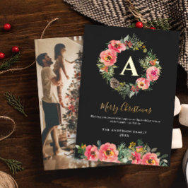 Monogram Photo Black Botanical Wreath Christmas  箔シーズンカード