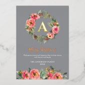 Monogram Photo Gray Botanical Wreath Christmas  箔シーズンカード (正面)
