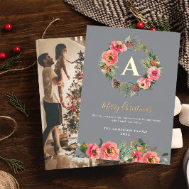 Monogram Photo Gray Botanical Wreath Christmas  箔シーズンカード