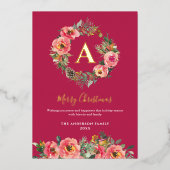 Monogram Photo Red Botanical Wreath Christmas  箔シーズンカード (正面)