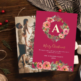 Monogram Photo Red Botanical Wreath Christmas  箔シーズンカード