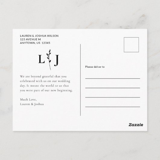 Monogram Photo Script 結婚's Thank You ポストカード (裏面)