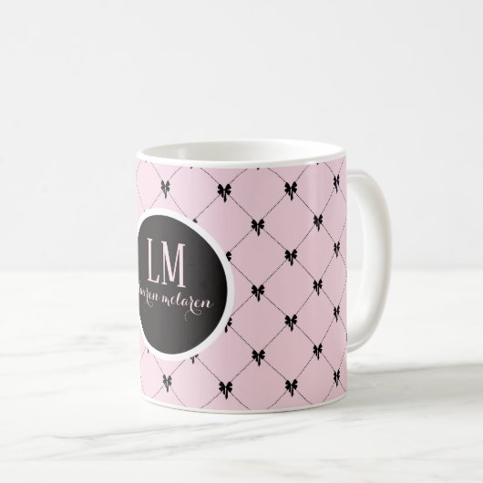 Monogram Pink & Black Bow Script Mug コーヒーマグカップ (正面右)