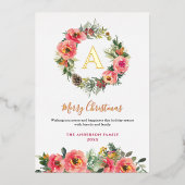 Monogram Pink Botanical Wreath Christmas Foil Card 箔シーズンカード (正面)