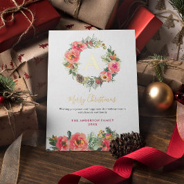 Monogram Pink Botanical Wreath Christmas Foil Card 箔シーズンカード