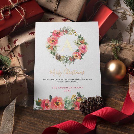 Monogram Pink Botanical Wreath Christmas Foil Card 箔シーズンカード