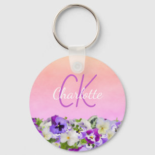 Monogram pink purple floral pansies name script キーホルダー