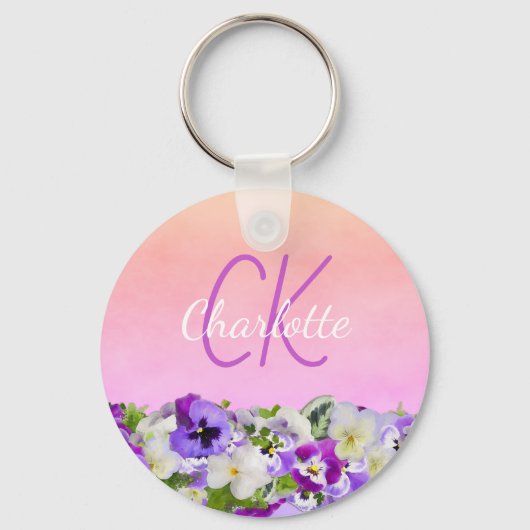 Monogram pink purple floral pansies name script キーホルダー (正面)