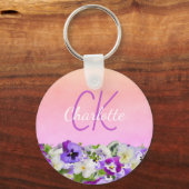 Monogram pink purple floral pansies name script キーホルダー (正面)