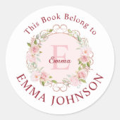 Monogram Pink Rose This Book Belongs to Bookplate ラウンドシール (正面)