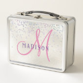 Monogram Pink Script Girl's Silver Pearl Glitter メタルランチボックス (正面)