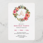 Monogram Pink Wreath Botanical Christmas Party 箔シーズンカード (正面)