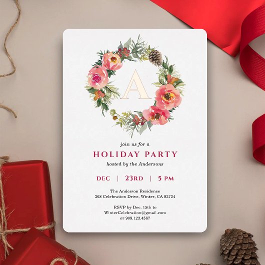 Monogram Pink Wreath Botanical Christmas Party 箔シーズンカード