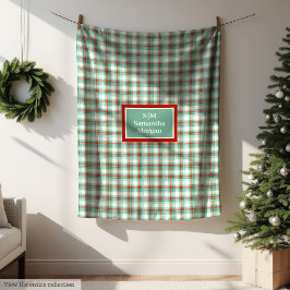 Monogram Plaid Blanket Red Green Christmas Chic フリースブランケット