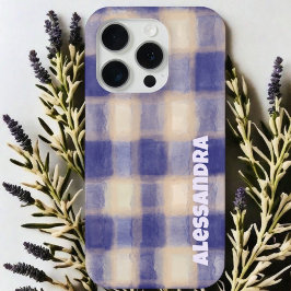 Monogram plaid gingham navy blue beige farmhouse  iPhone 15 proケース