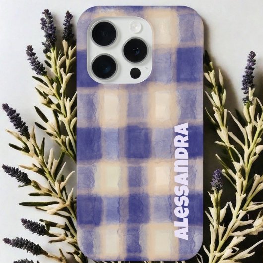 Monogram plaid gingham navy blue beige farmhouse Case-Mate iPhoneケース