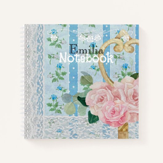 Monogram Pretty vintage floral background Blue ノートブック (正面)