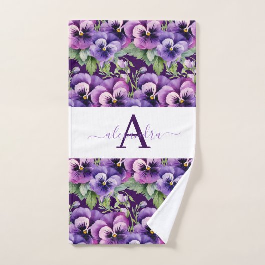 Monogram Purple and White Pansy Pansies Towel Set バスタオルセット (ハンドタオル)