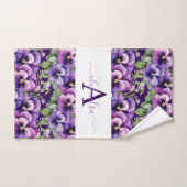 Monogram Purple and White Pansy Pansies Towel Set バスタオルセット (ハンドタオル)