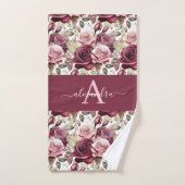 Monogram Purple Burgundy Pink Roses Towel Set バスタオルセット (ハンドタオル)