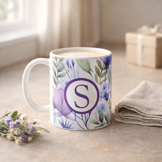 Monogram Purple Floral コーヒーマグカップ