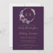 Monogram Purple Floral Wreath QR Code Wedding 招待状 (正面)