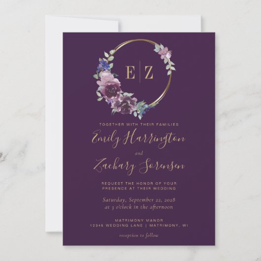 Monogram Purple Floral Wreath QR Code Wedding 招待状 (正面)