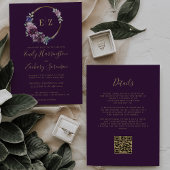 Monogram Purple Floral Wreath QR Code Wedding 招待状
