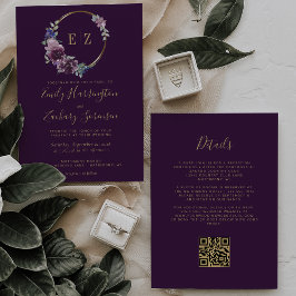 Monogram Purple Floral Wreath QR Code Wedding 招待状