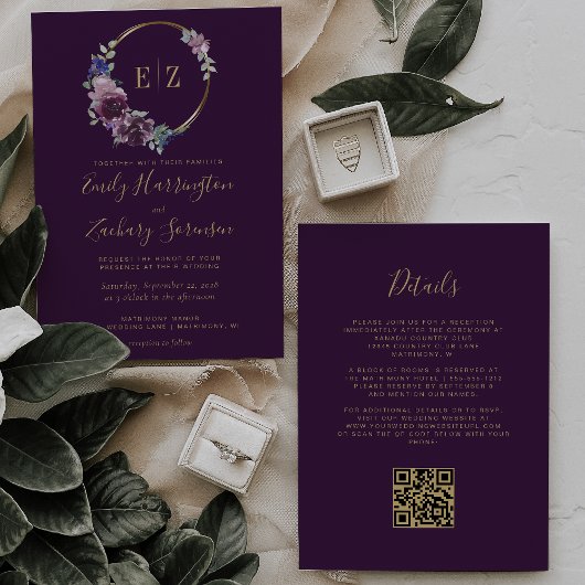 Monogram Purple Floral Wreath QR Code Wedding 招待状