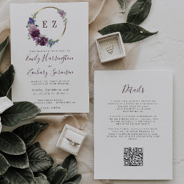 Monogram Purple Floral Wreath QR Code Wedding 招待状