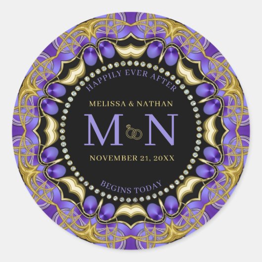 Monogram Purple Gold Diamond Lace Unique Wedding  ラウンドシール (正面)