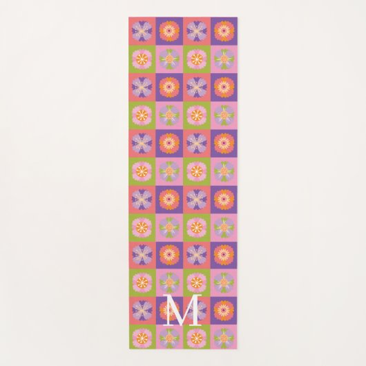 Monogram purple green floral pattern ヨガマット (正面)